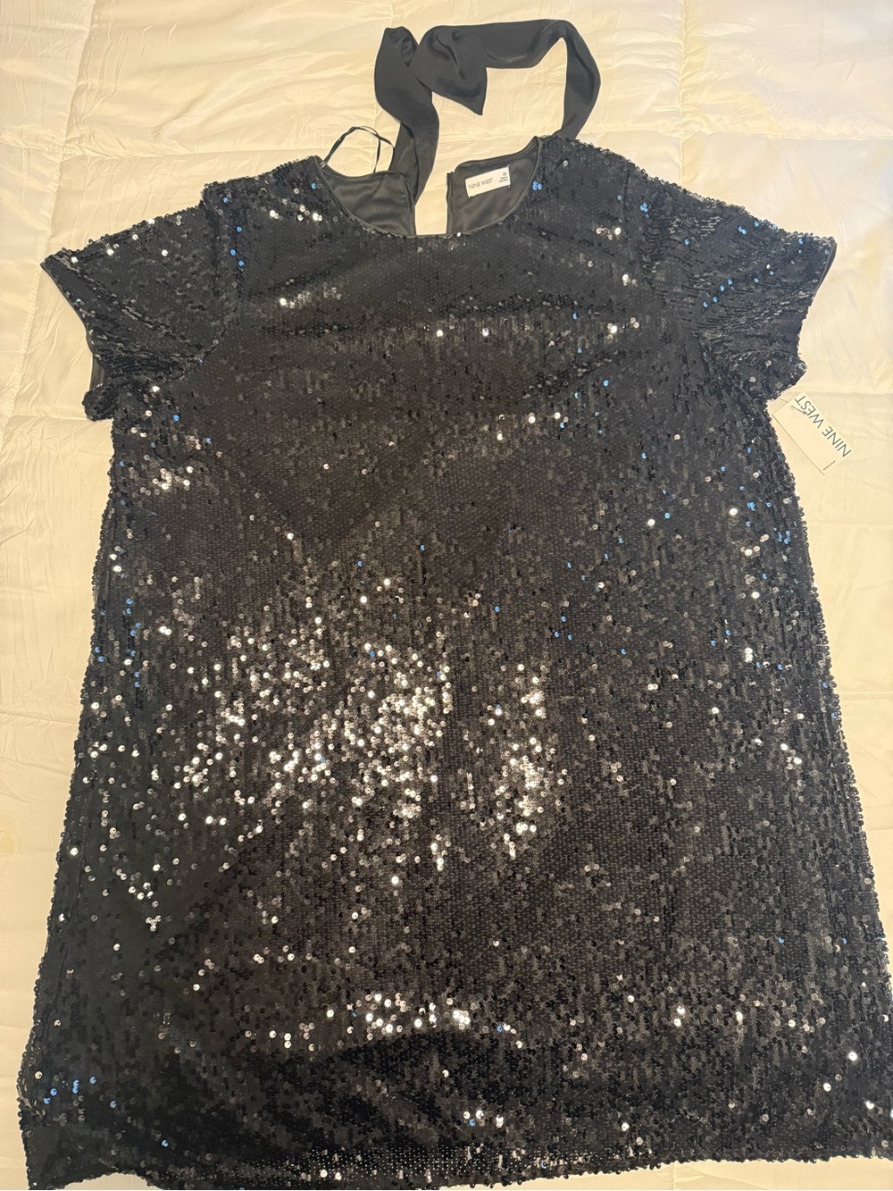 Nine West Black Sequin Short-Sleeve Halter Tie Top